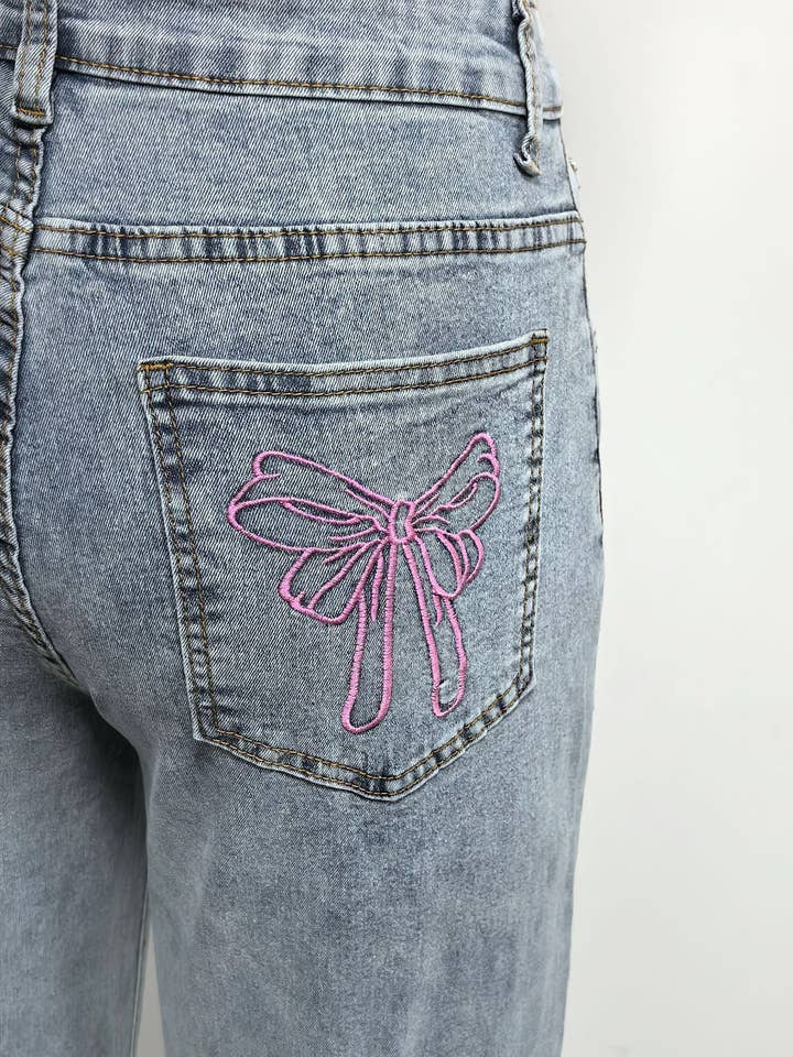 Blue Women High-Waisted Wide-Leg Jeans with Pink Bow Embroidery for wholesale on Faire4