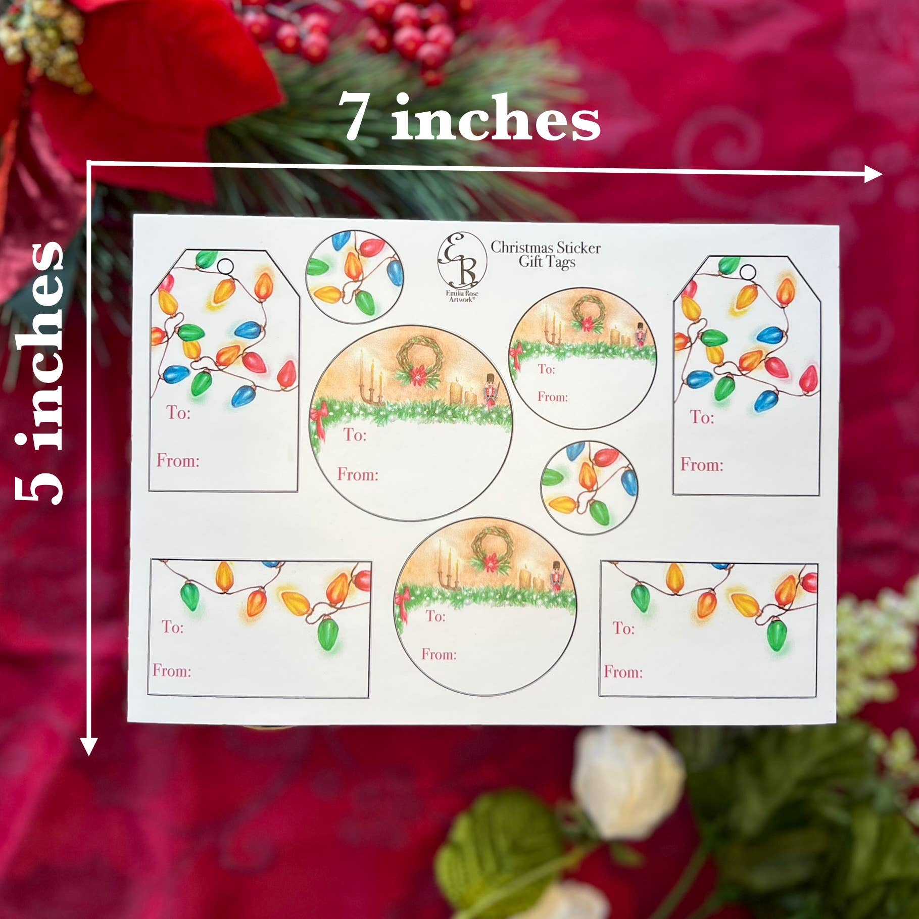 Emilia Rose Artwork LLC - Wholesale Gift Tag Label - Watercolor Christmas Lights Gift Tag Sticker Sheet2