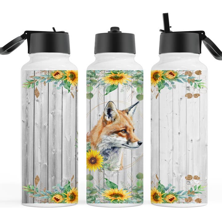 Water Bottle 18oz- Fox and Sunflowers for wholesale by Dusty & Delilah Designs