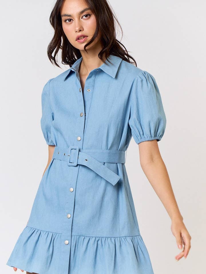 ILD3412 Belted Denim Dress With Puff Sleeves and Ruffles for wholesale by Lalavon