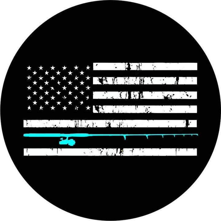 Distressed American Flag Fishing Pole Black & Teal Spare Tire Cover for wholesale by Dirty Acres