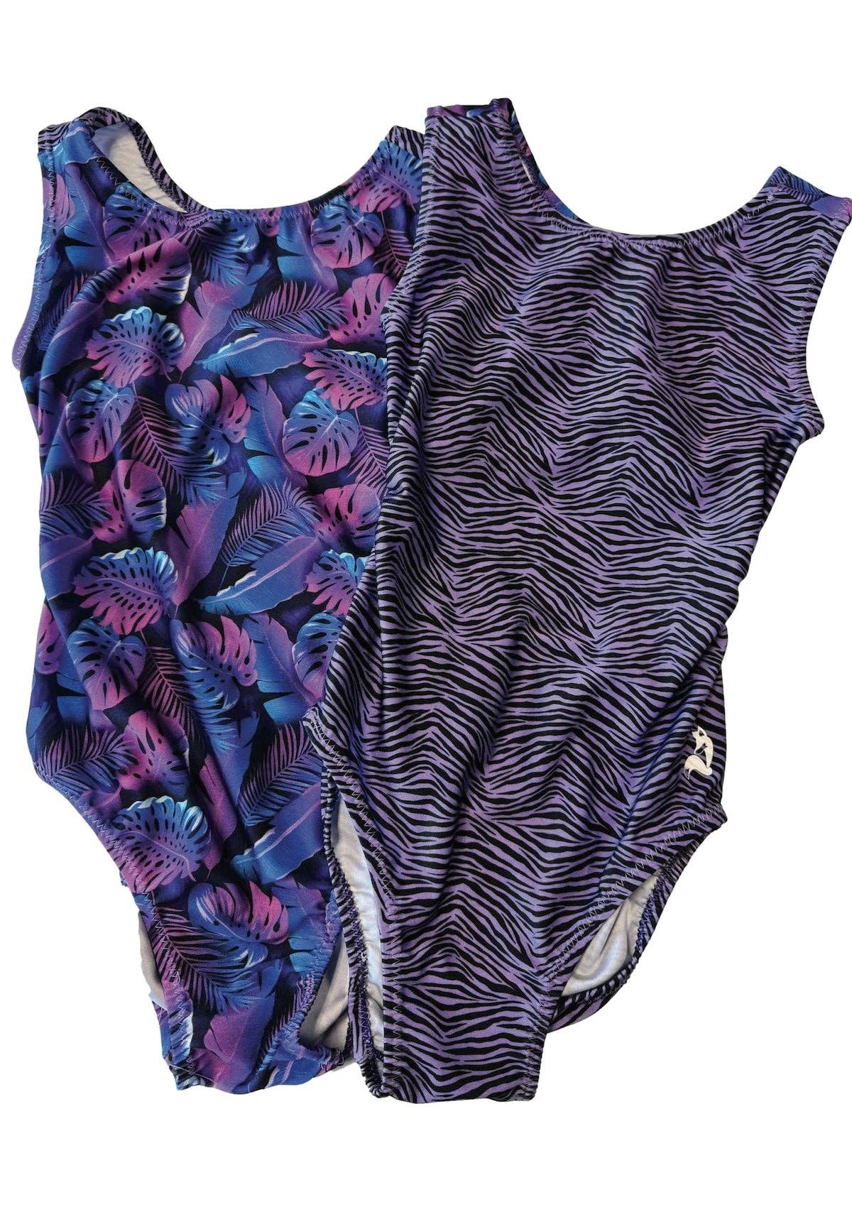 Foxy's Leotards - Venta al por mayor Leotardos - Niños - Maillot de gimnasia cebra púrpura con palmeras - Vice Versa Foxy's Leotards0
