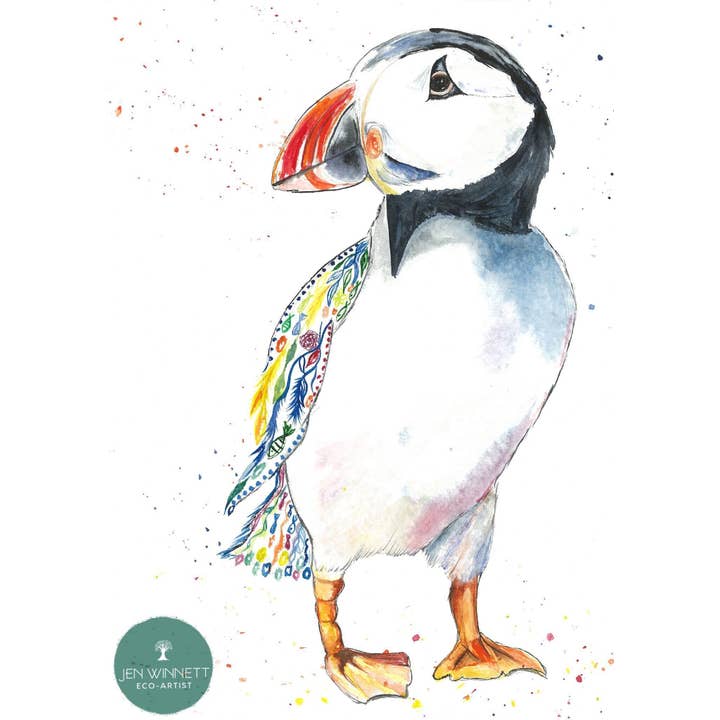 Jen Winnett Eco Artist - Wholesale Art Print - Percy the Puffin Signed watercolour art print nature colour