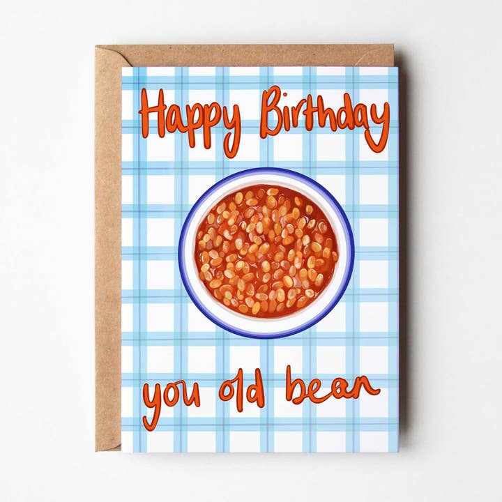 Happy Birthday You Old Bean- Baked Beans Heinz Birthday Card for wholesale by Katie Tinkler illustration