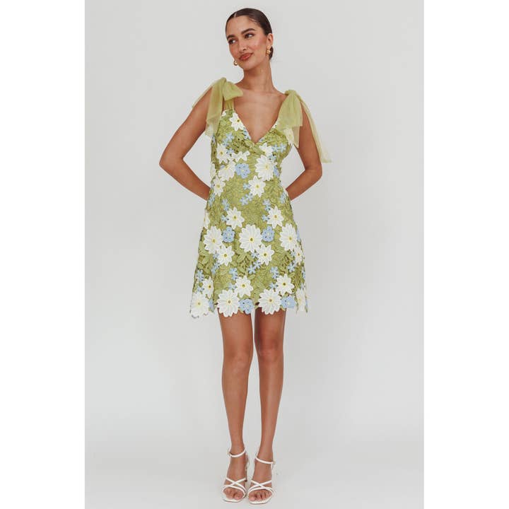 GREEN TULLE SHOULDER STRAP FLORAL MINI DRESS for wholesale on Faire