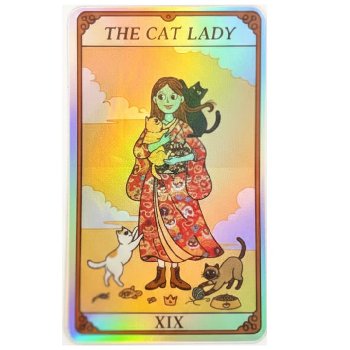 Kattdamen Tarot Klistermärke – Holografisk Vinyl 3x2" för wholesale av Magnifique Hearts