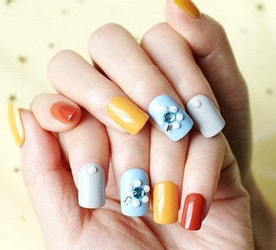 Press On Nails Yellow Glossy Light Blue Square Crystal Nail Kit for wholesale on Faire2