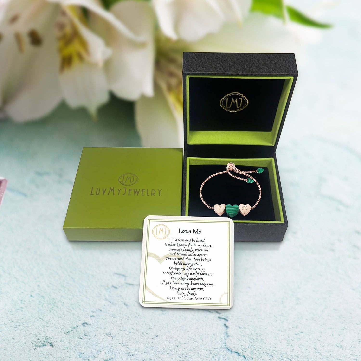 LuvMyJewelry (LMJ) – wholesale Charm/dangle bracelet – Luv Me Malachite Bolo Adjustable I Love You Heart Bracelet in 14K Rose Gold Plated Sterling Silver2