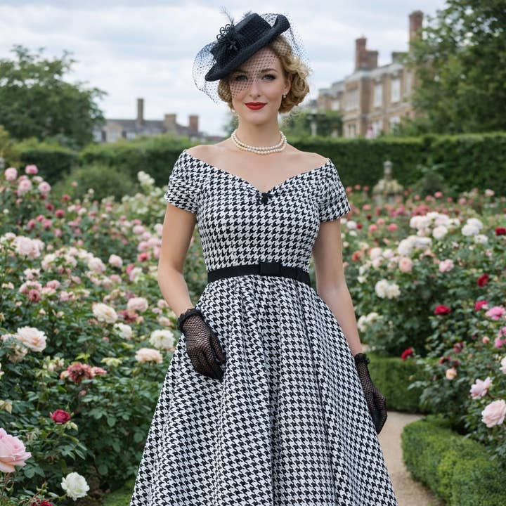 Lily Retro Off Shoulder Dog Tooth Print Dress for wholesale by Dolly & Dotty