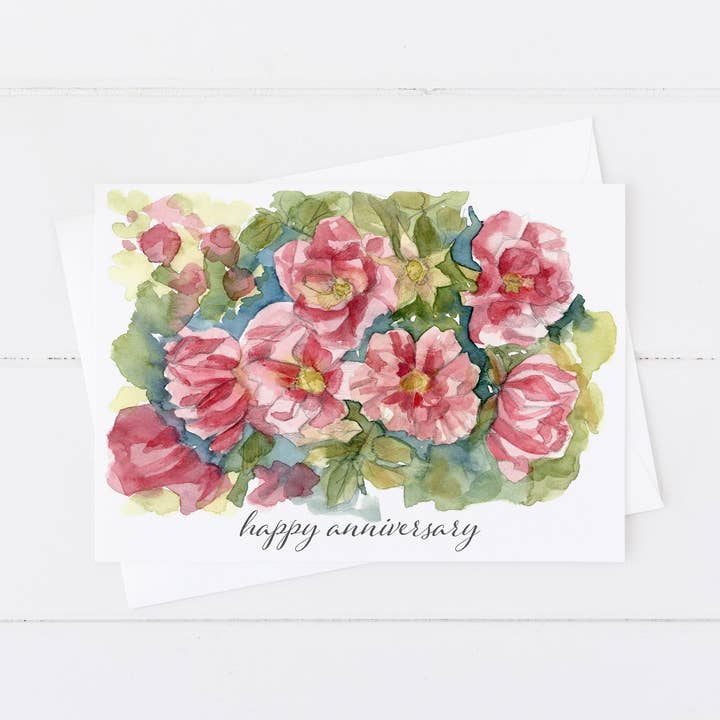 Herzlichen Glückwunsch zum Jahrestag Rosen Cameo Pink Aquarell Grußkarte für den Großhandel von Rugosa & Pine