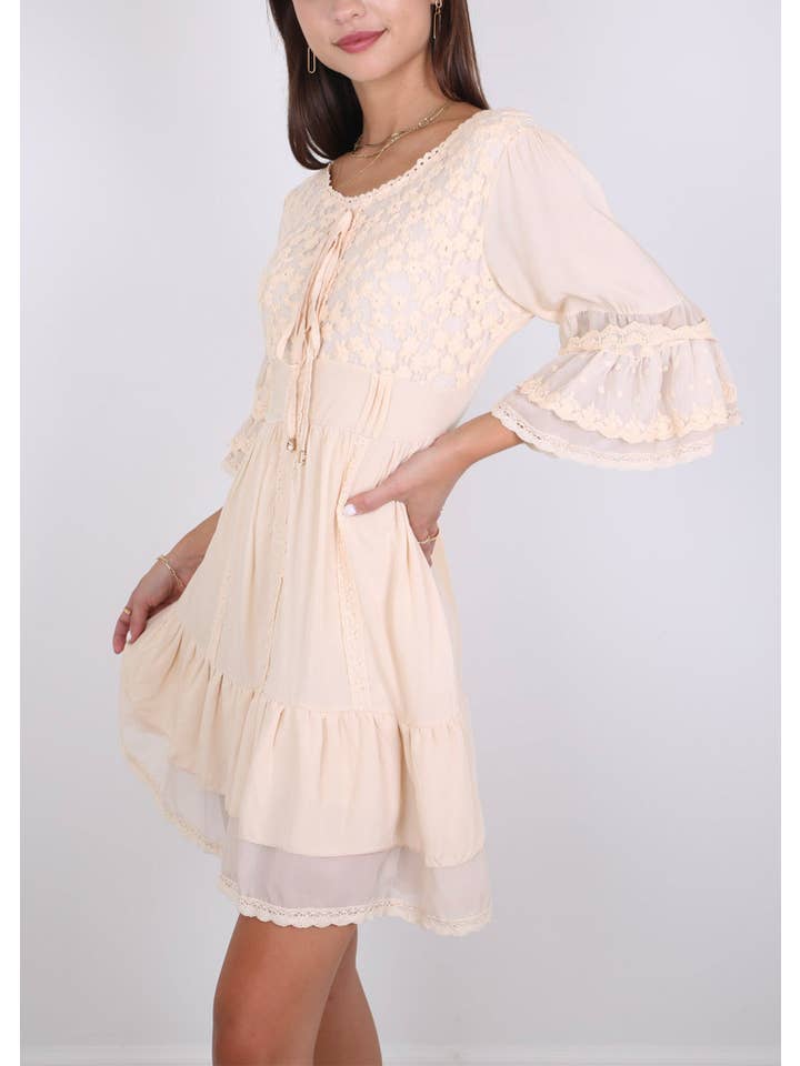 Anna Kaci Wholesale - Wholesale Dress - Women's - Boho Peasant Floral Lace Ruffle Hem Bell Sleeve Mini Dress