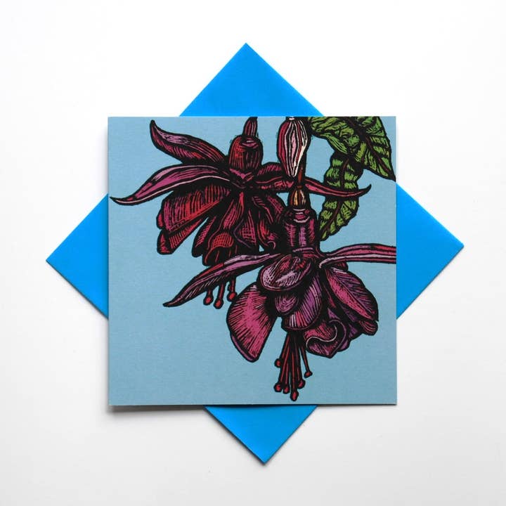 Blank Floral Greeting Card - Fuchsia on Blue for wholesale by Rachel Meehan, pictures and words...