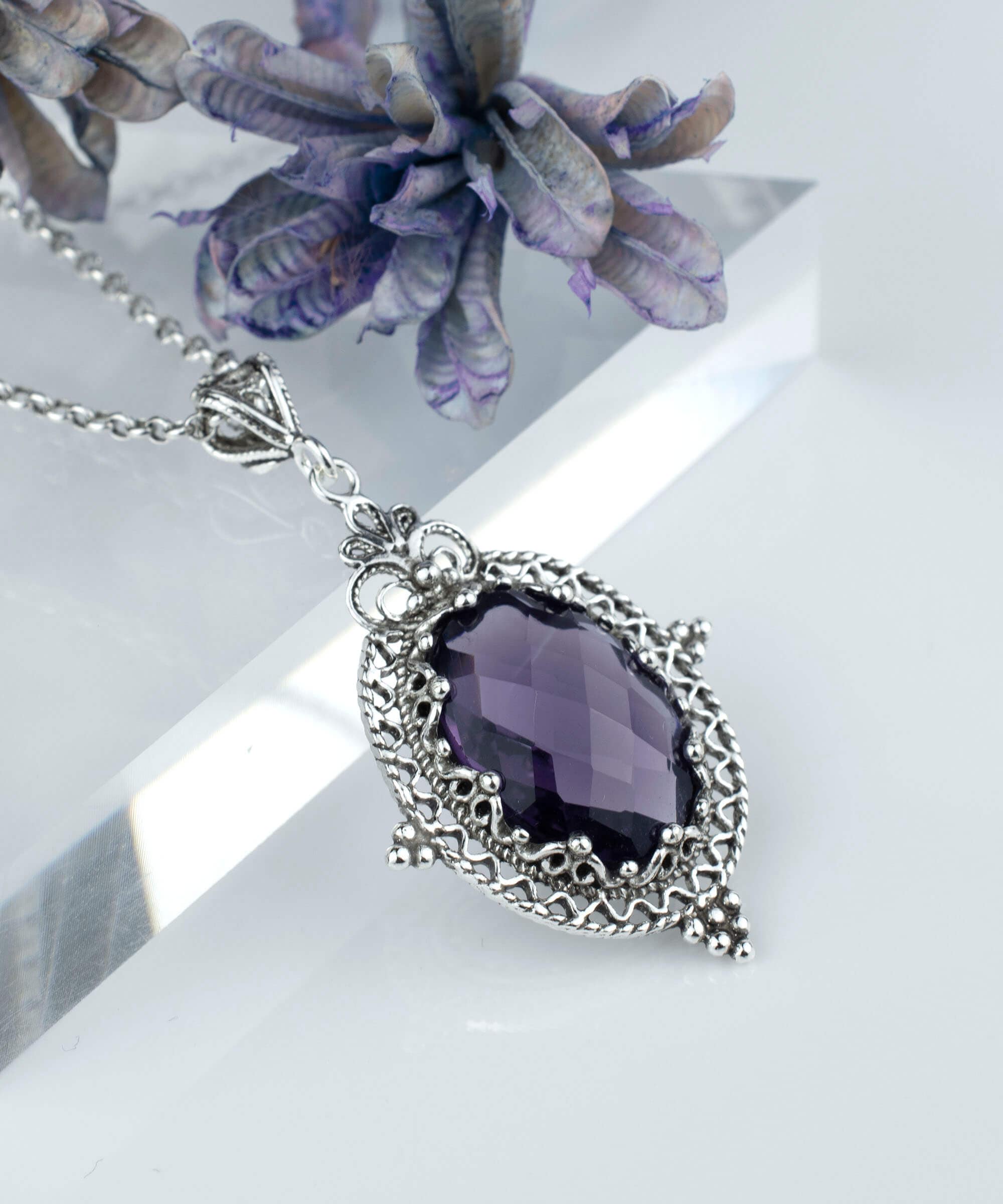 Filigranist Jewelry - Wholesale Pendant/Charm Necklace - Sterling Silver Filigree Art Amethyst Gemstone Women Oval Pendant Necklace5