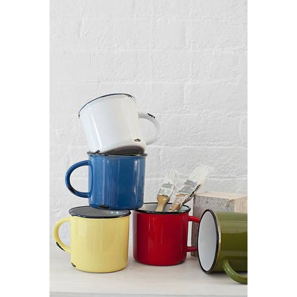 Canvas Home – wholesale Coffee mug – Set/4 Tinware Mug - White W/Blue Rim