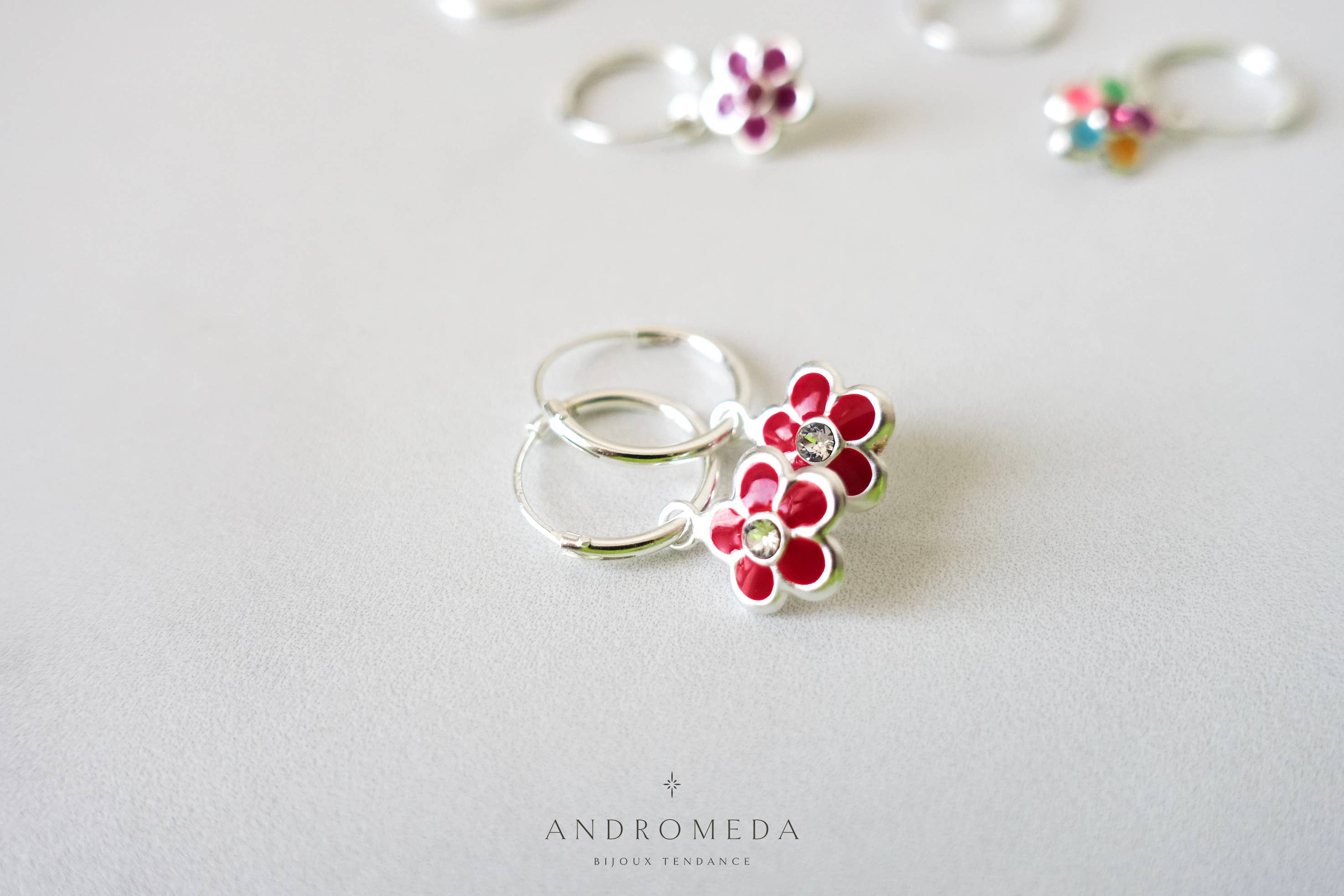 Andromeda Bijoux - Wholesale Huggie Earrings - Enamel Flower Huggies, Colorful Crystal 925 Silver Earrings1