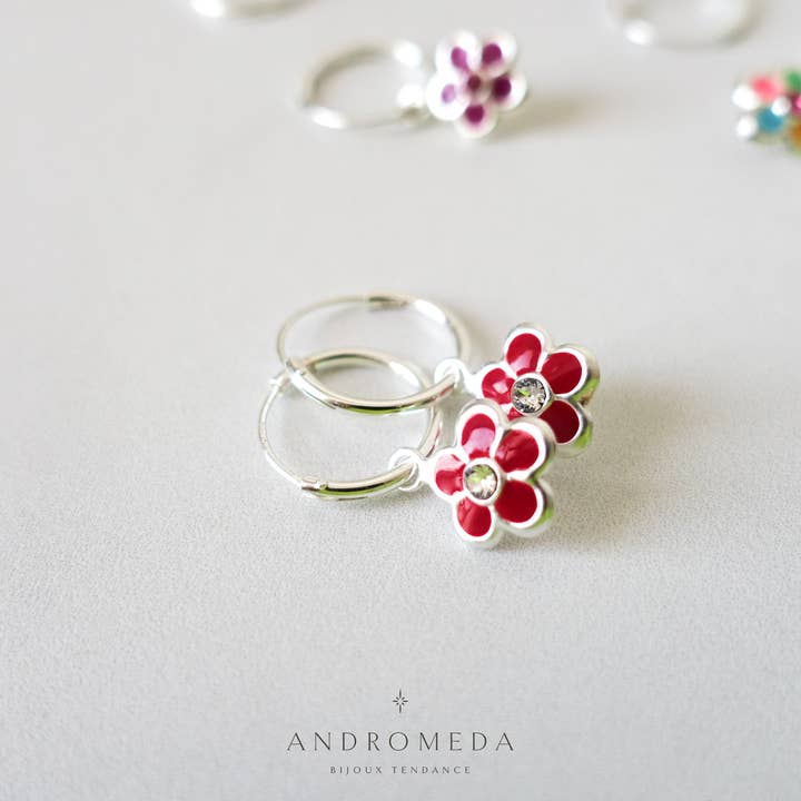 Andromeda Bijoux - Wholesale Huggie Earrings - Enamel Flower Huggies, Colorful Crystal 925 Silver Earrings1