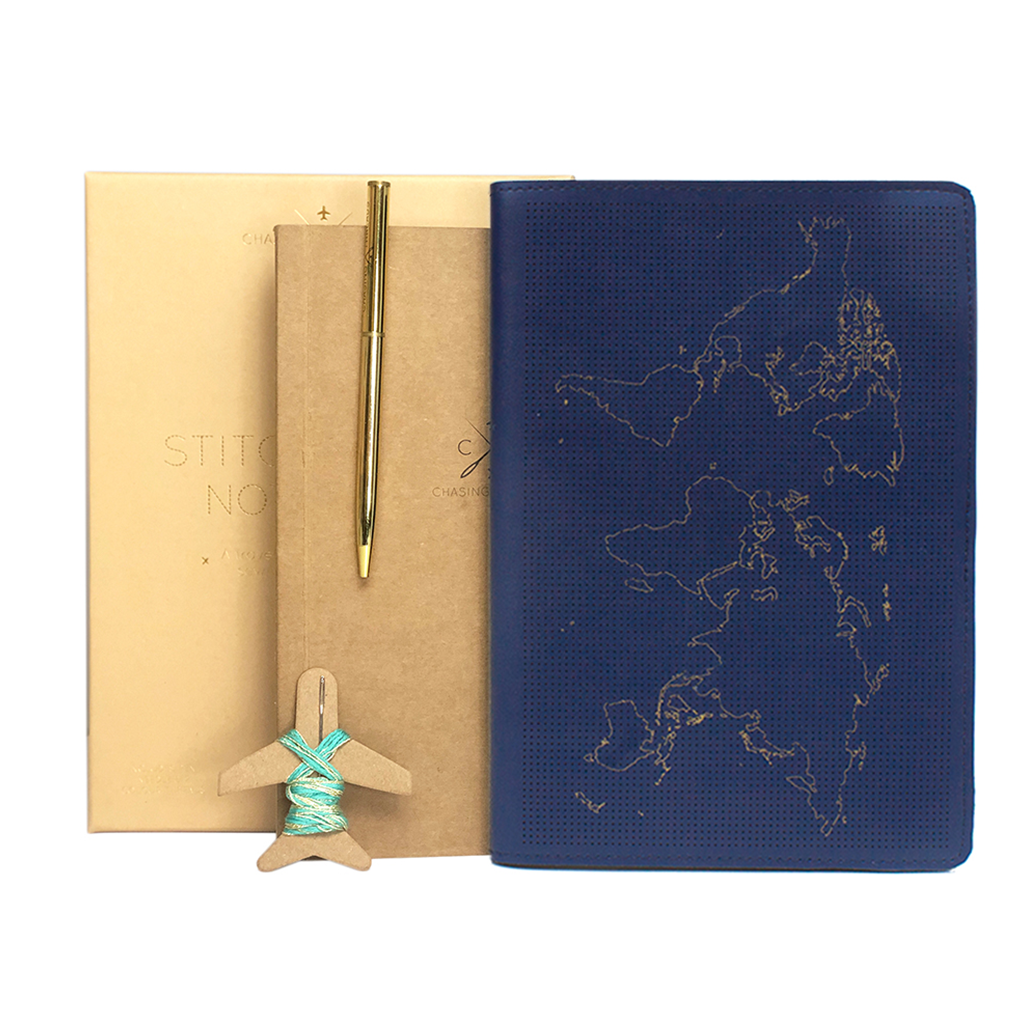 Chasing Threads – Engroshandel Notesbog – Sy Your Travels Map Notebook Kit - Vegansk Navy Læder9