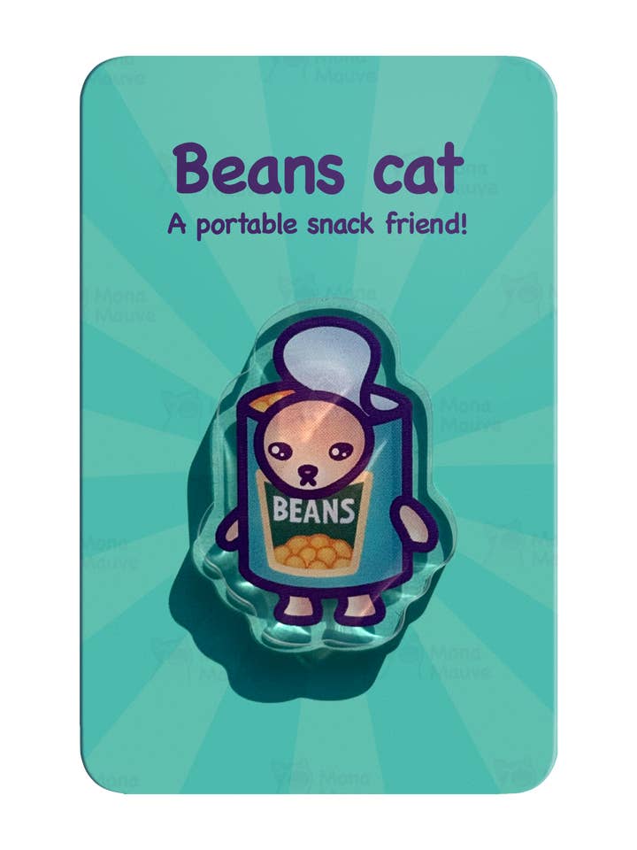 Beans Cat Pin | Snack Cats Collection | 40mm Acrylic Badge for wholesale by Mona Mauve • Silly Art!