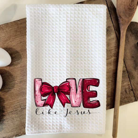 Torchon en nid d'abeille "Aimez comme Jésus" pour la vente par Prairie Chicken Sticker Shop & Gifts