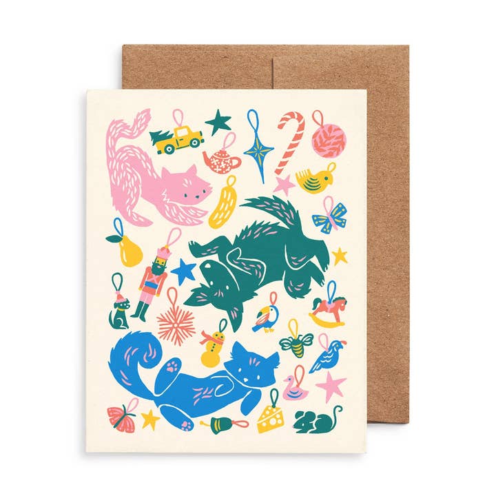 Merry Pets Christmas Ornaments Card: Original Dog & Cat Art for wholesale by Nuthatch Studio