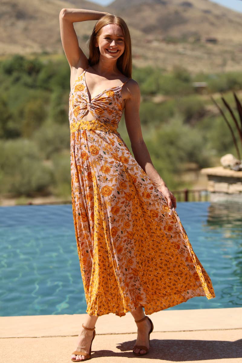 ANGIE - Wholesale Dress - Women's - C4C46-WA78-WA79 MIXED PRINT GODET MAXI DRESS WITH TWIST FRON1