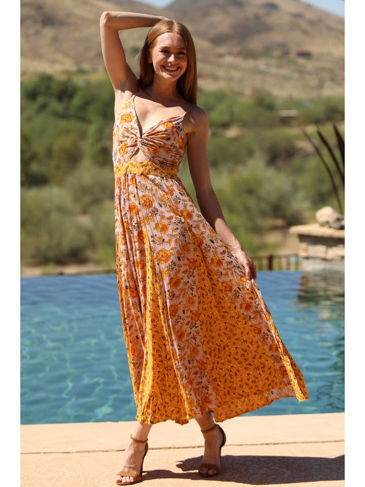 ANGIE - Wholesale Dress - Women's - C4C46-WA78-WA79 MIXED PRINT GODET MAXI DRESS WITH TWIST FRON1