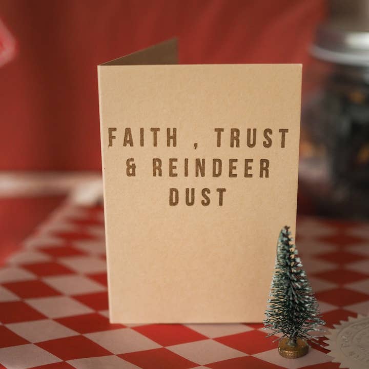 Faith, trust & reindeer dust mini Christmas card for wholesale by soch and co