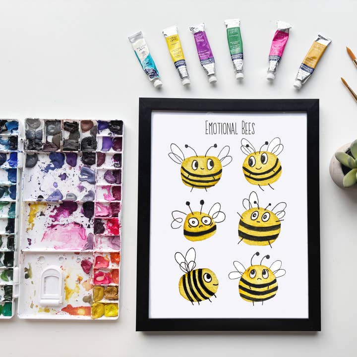 Impresión en Acuarela de Abejas Emocionales – Expresiones Divertidas de Abejas para venta al por mayor de Owlfeathers Watercolor