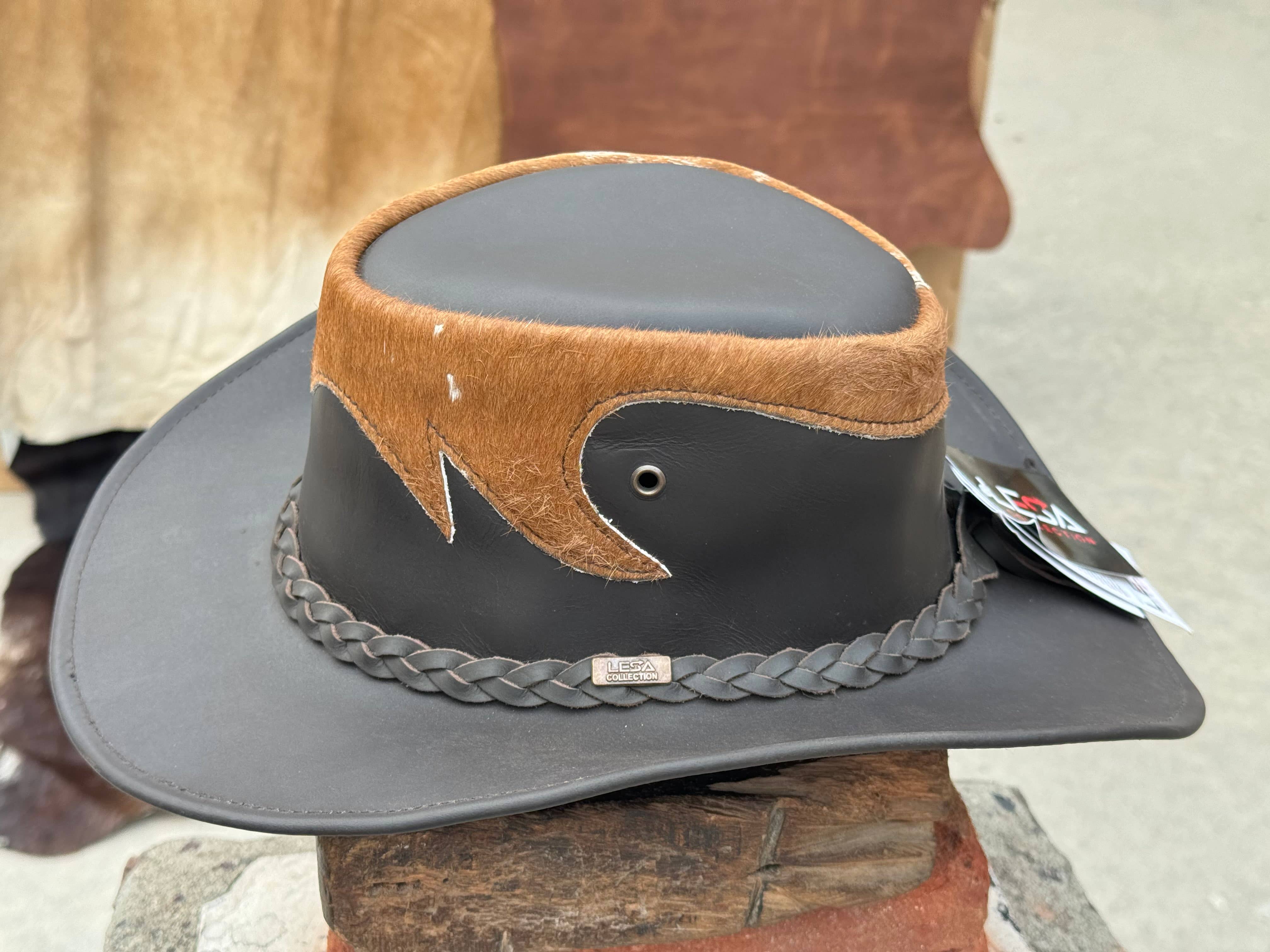 Lesa collection inc - Vente Chapeau de cowboy – unisexe - Chapeau de cowboy en cuir marron et noir Tri style occidental unisexe5