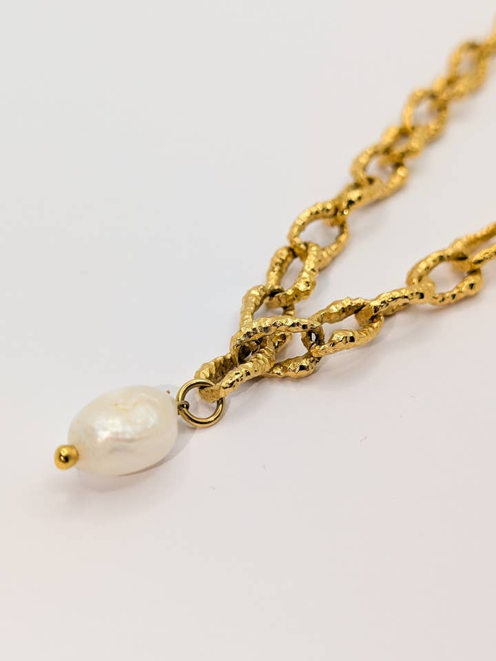 Gold Sandy Textured Chunky Chain Pearl Pendant Necklace for wholesale by Another Mother