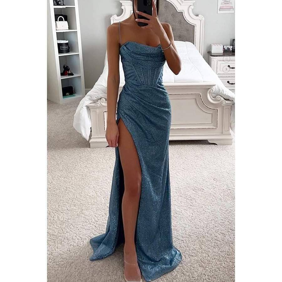 Fashion Combination - Wholesale Dress - Women's - Sparkly High-Slit Evening Gown with Draped Bodice – Elegant 14