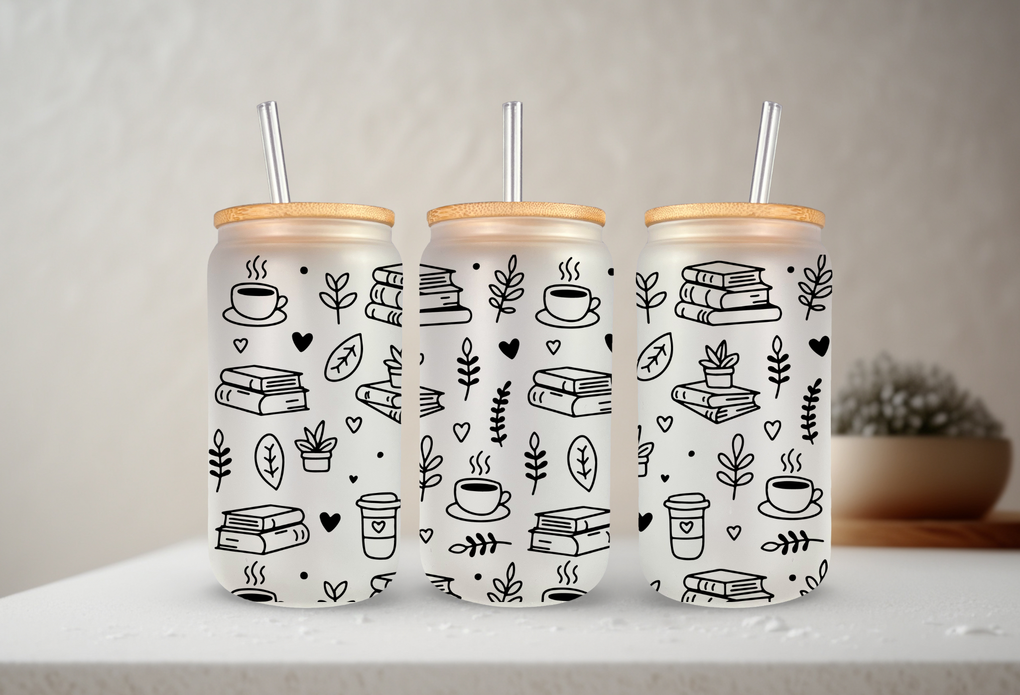 SKS Design Studio - Wholesale Drinking Glass/Cup - Books & Coffee | UVDTF | 20 oz Libbey Can Glass with Bamboo Lid & Straw1