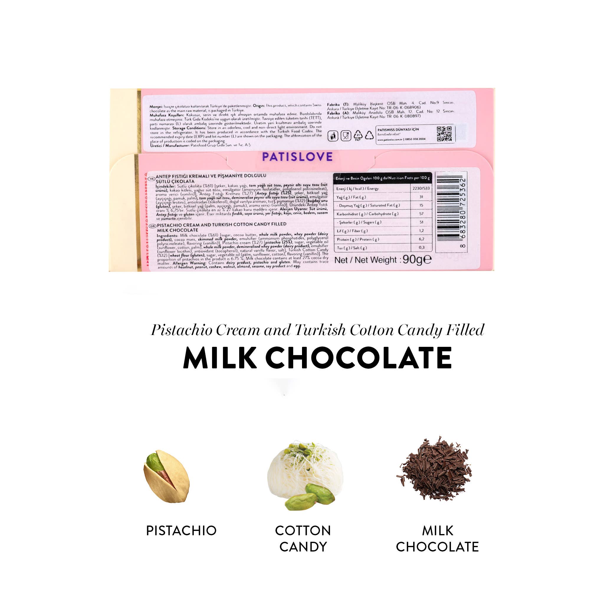 Patislove – Doces cobertos de chocolate por atacado – Chocolate de Leite com Pistácio e Algodão Doce Angel’s Hair, 90G3