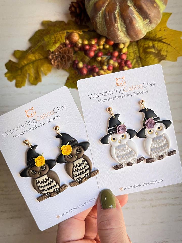 Witch Owl Polymer Clay Earrings for Halloween for wholesale by WanderingCalicoClay
