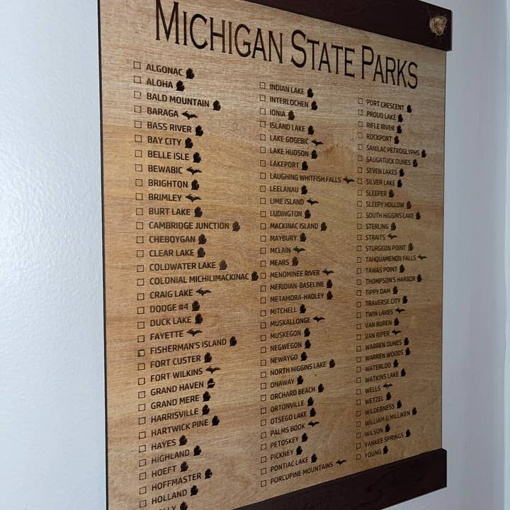 Michigan Proud Gifts - Wholesale Sign - State of Michigan State Park Wood Checklist Hanging