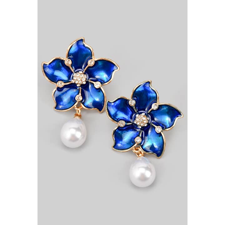 LAVISH BLUE FLOWER EARRINGS WITH DANGLING PEARL for wholesale by Girly