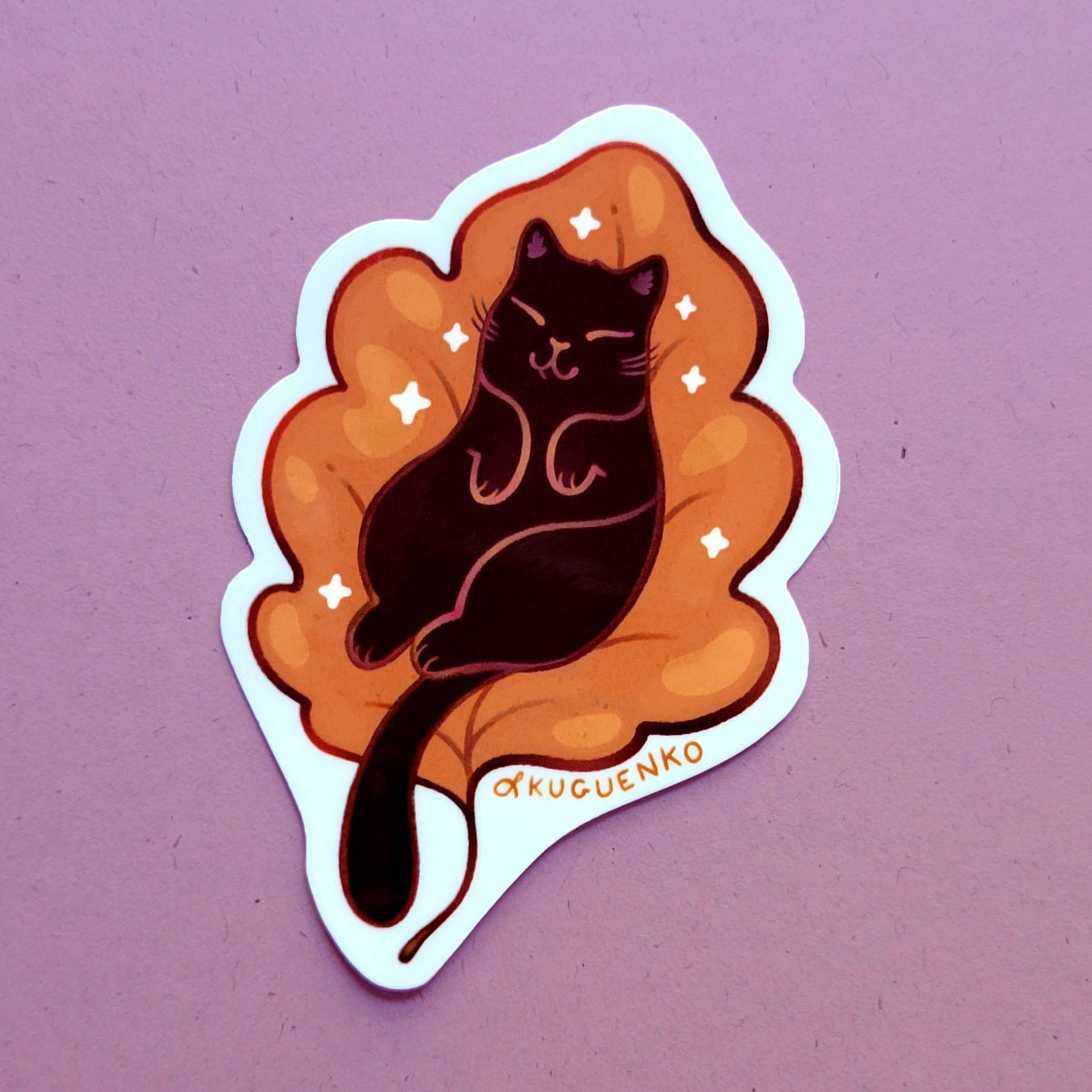 Kuguenko Illustration - Wholesale Sticker - Fall Leaf Kitty - Vinyl Sticker1