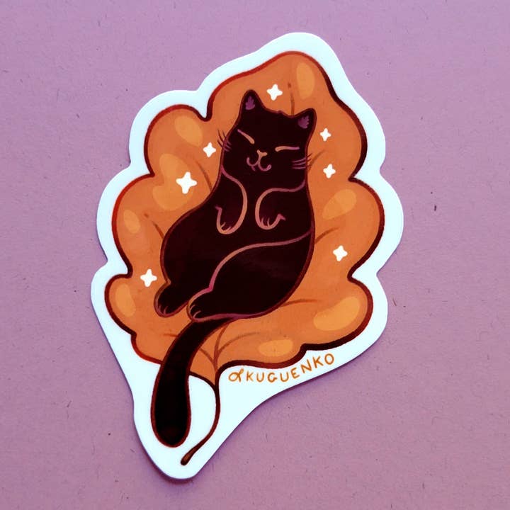 Kuguenko Illustration - Wholesale Sticker - Fall Leaf Kitty - Vinyl Sticker1