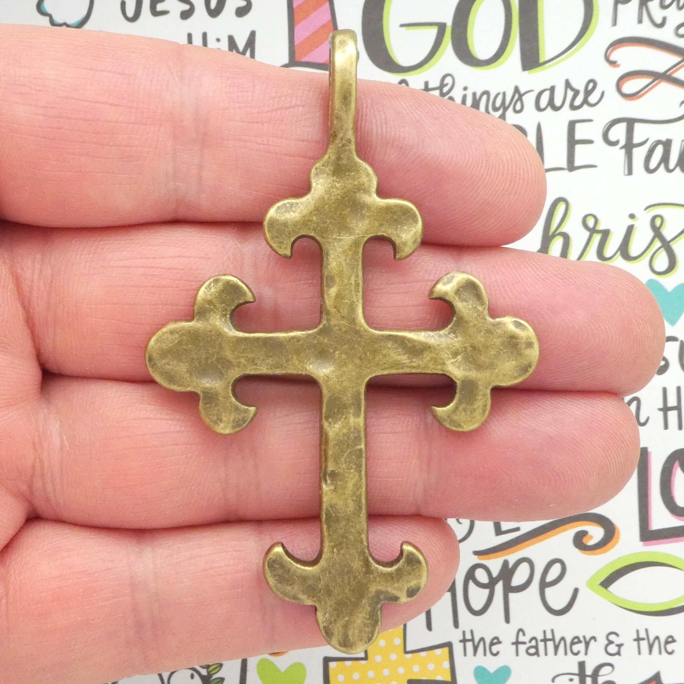 Treasure Island - Wholesale Individual Charm/Pendant - Hammered Christian Cross Charm Pendant, Bronze Pewter2