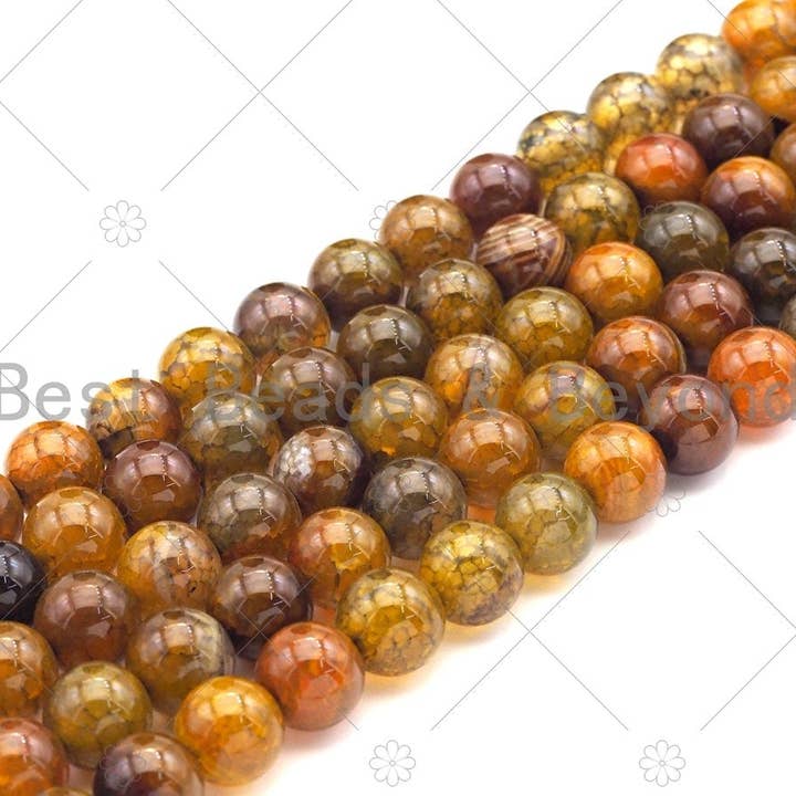 BestBeads&Beyond - Wholesale Beads - High Quality Amber Fire Agate Beads, Dragon Vein Agate, 6mm/8mm/10mm/12mm Round Smooth Amber Fire Agate Beads, 15.5" Full Strand, Sku#UA189