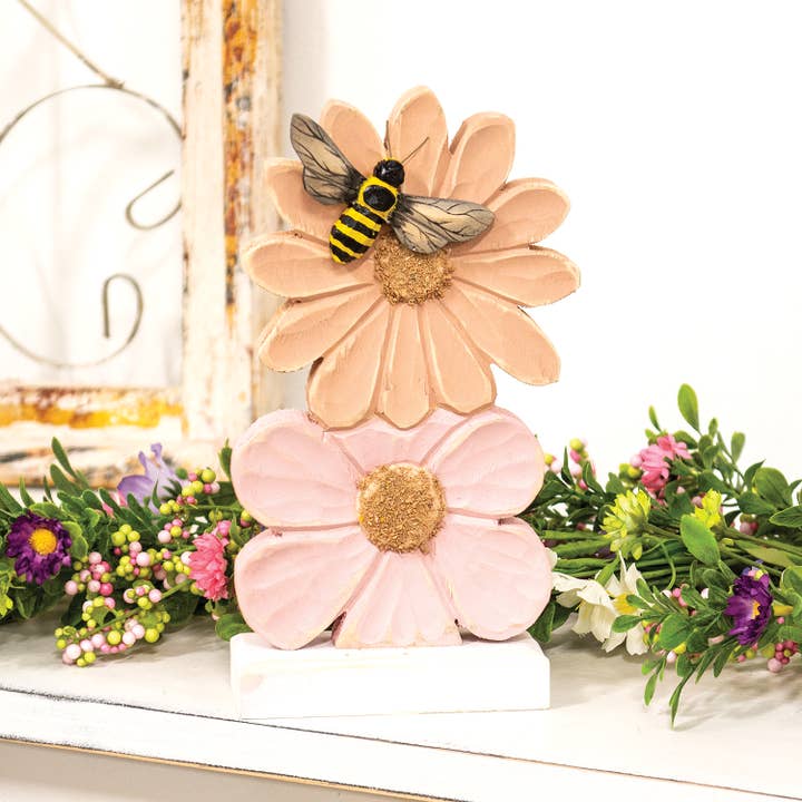 Col House Designs - Wholesale Decorative Tabletop Object - Stacked Wooden Daisy Sitter