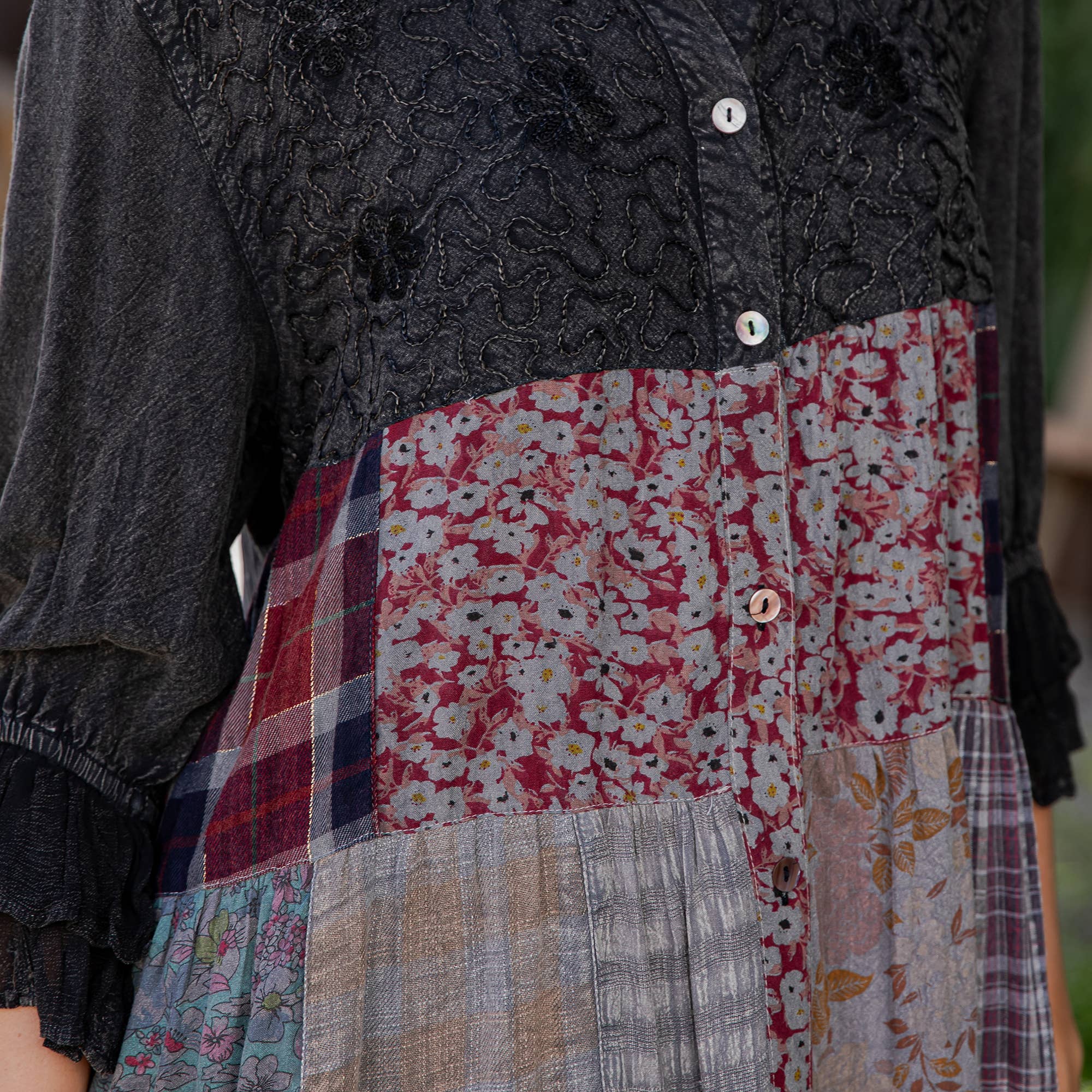 Young Threads - Wholesale Blouse - Women's - Western Denim Yoke Patchwork Tiered Tunic Top (New Color)26