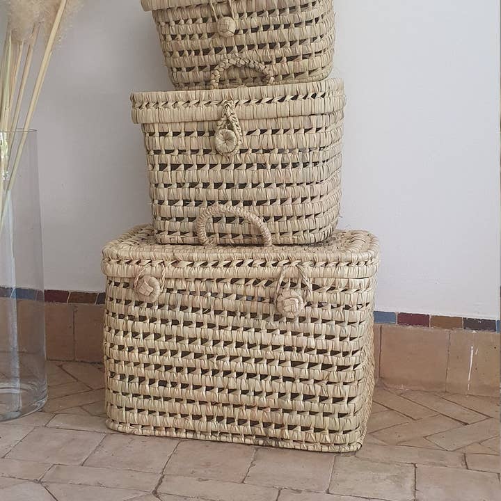 Three Moroccan handcraft storage trunk made in palm leaf for wholesale by MARRAKECH METACRAFT LTD