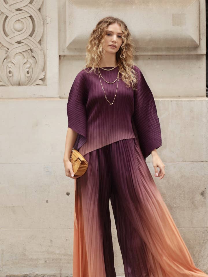 Full pleated Tie Dye Color top and trousers in Brown for wholesale by CY FASHION. LONDON