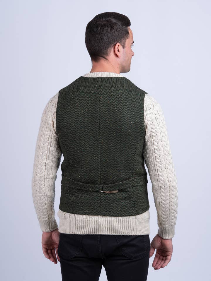 Pearse Green Herringbone Tweed Waistcoat & Vest with Revere for wholesale on Faire