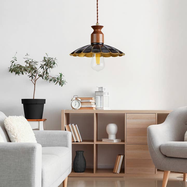 Alijie Design - Wholesale Chandelier/Hanging Light - Vintage Scalloped Brass and Walnut Pendant Light