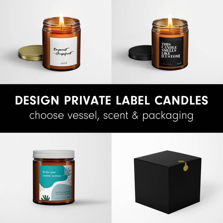 Bougie de soja parfumée personnalisée de 8 oz dans un bocal en verre ambré avec couvercle pour la vente par Spark Candles