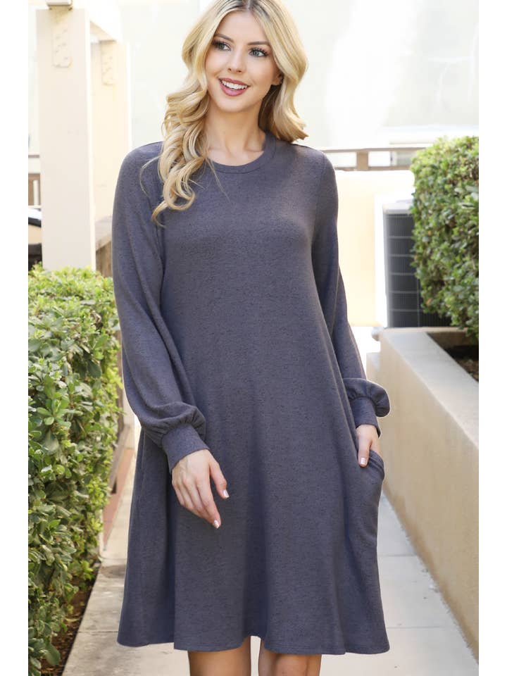 You & Me - Wholesale Dress - Women's - YMD10063V-PUFF LONG SLEEVE HACCI BRUSHED DRESS12