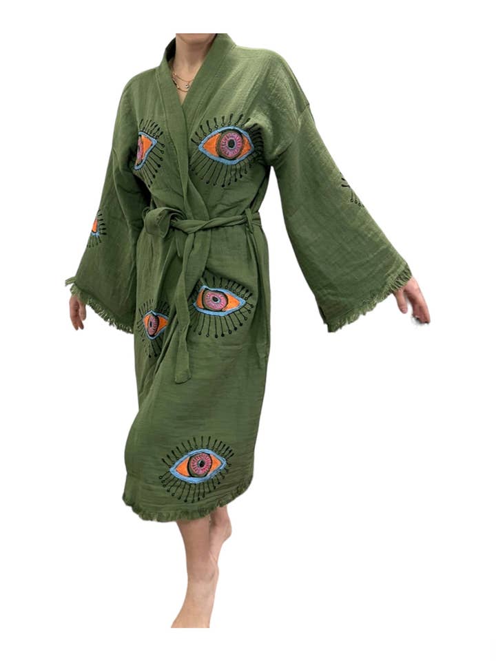 Evil Eye Kimono-Bademantel Pinusgrün für den Großhandel von The Pinus