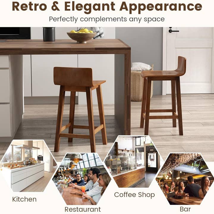 24.5 Inch Counter Height Farmhouse Wooden Bar Stool Set Of 2 With Brown Footrest And Low Back for wholesale on Faire7